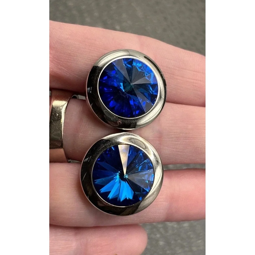 Vintage Silver Tone Royal Blue Rivoli Rhinestone Crystal Starburst Cufflinks